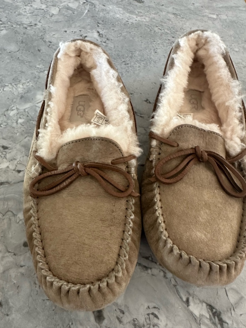 UGG Chestnut Suede Moccasin Slippers with Cream Sheepskin